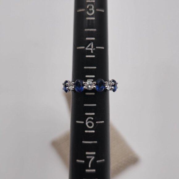 Size 5 Sterling Silver Oval Blue And Round Clear Cubic Zirconia Ring A2734 - Picture 7 of 9